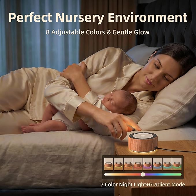 Kipcush White Noise Machine - Soft Non-Glare Nursery Lamp, 30 Soothing Sounds, 8 Color Lights, Max 8-Hour Timer for Baby & Adults (Walnut Wood, Standard)