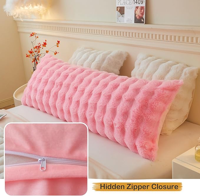 LIFEREVO Fluffy Faux Rabbit Fur Body Pillow Cover, Soft Cute Bubble Waffle Shaggy Plush Bed Body Pillowcase with Zipper Closure, Long 20"x54" Fuzzy Furry Pillow Case for Pregnancy Side Sleeper, Pink