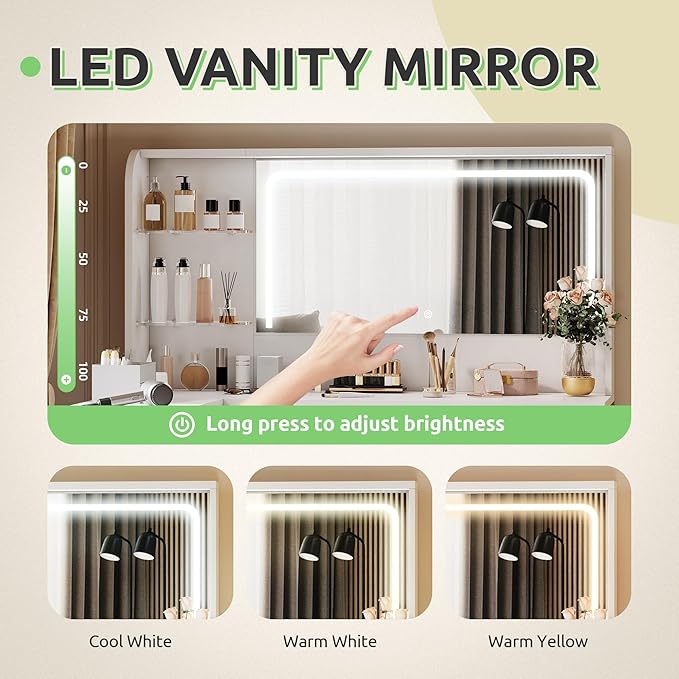 DWVO Vanity Desk with LED Lighted Mirror and 3 Lighting Modes, L-Shaped Corner Vanity Table, 48" Large Dressing Table with 5 Tempered Glass Drawers with Open Storage Shelves, White