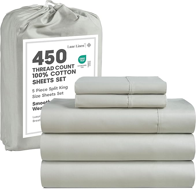 LANE LINEN 100% Cotton 450 Thread Count Split King Sheet Set for Adjustable Beds, Sateen Weave Hotel Quality, Fully Elasticized Oeko Tex Certified Sustainably Produced Machine Washable - Moonstruck