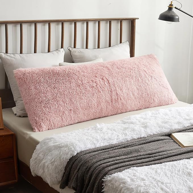 XeGe Luxury Shaggy Faux Fur Body Pillow Cover 20x54, Shed-Free Fluffy Long Pillowcase Hidden Zipper, Soft Plush Pillow Sham for Side Sleepers & Pregnancy Support, Aesthetic Room Decor (Pink Ombre)
