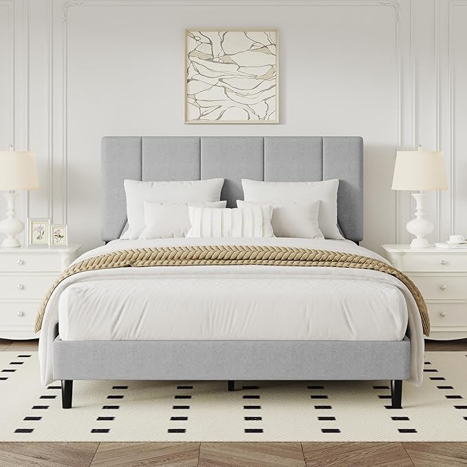 Full Bed Frame, Padded Platform Bed Frame with Fabric Headboard, Vertical Quilted Design, Sturdy Slatted Mattress Base, No Spring Mattress Required, Easy to Assemble, Light Gray