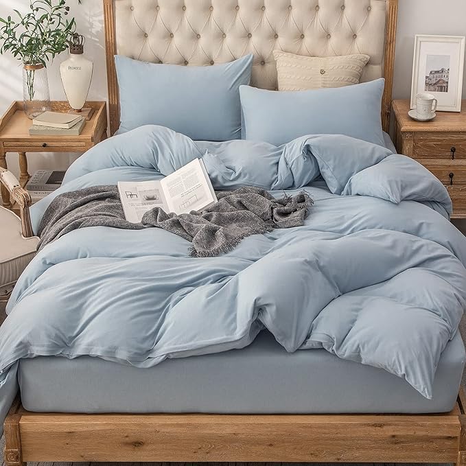 PURE ERA Jersey Knit Duvet Cover Set 100% T-Shirt Cotton Super Soft Comfy 3pc Bedding Set with Zipper Closure (Solid Light Blue, King)