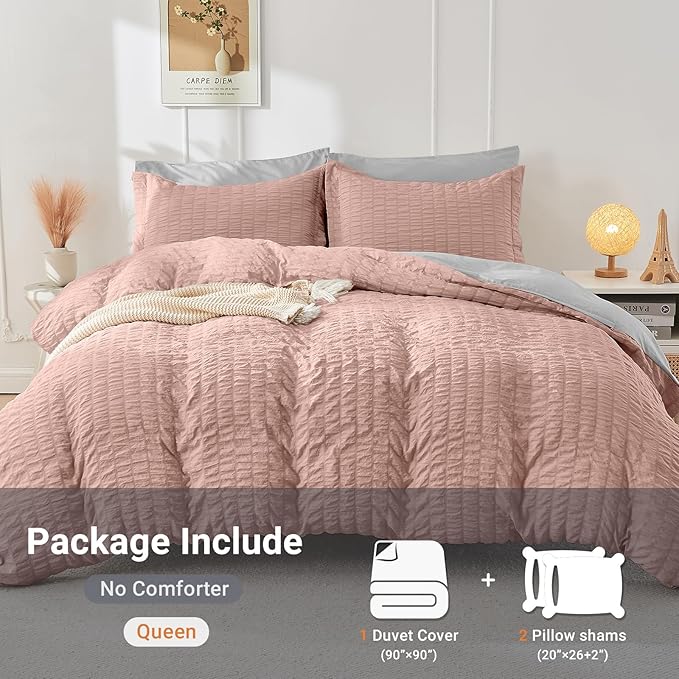 HYMOKEGE Rose Gold/Light Grey Duvet Cover Queen Size, Ultra Soft 3-Piece Seersucker Duvet Cover Set with Zipper Closure, Soft Brushed Microfiber Bedding Set with 8 Corner Ties (90"x90", 2 Pillowshams)