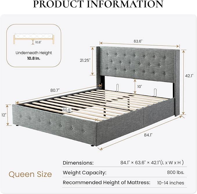 SHA CERLIN Queen Size Lift Up Storage Bed Frame,Button Tufted Wingback Headboard,Upholstered Platform,Hydraulic Storage,Wooden Slat Support,No Box Spring,Grey Blue