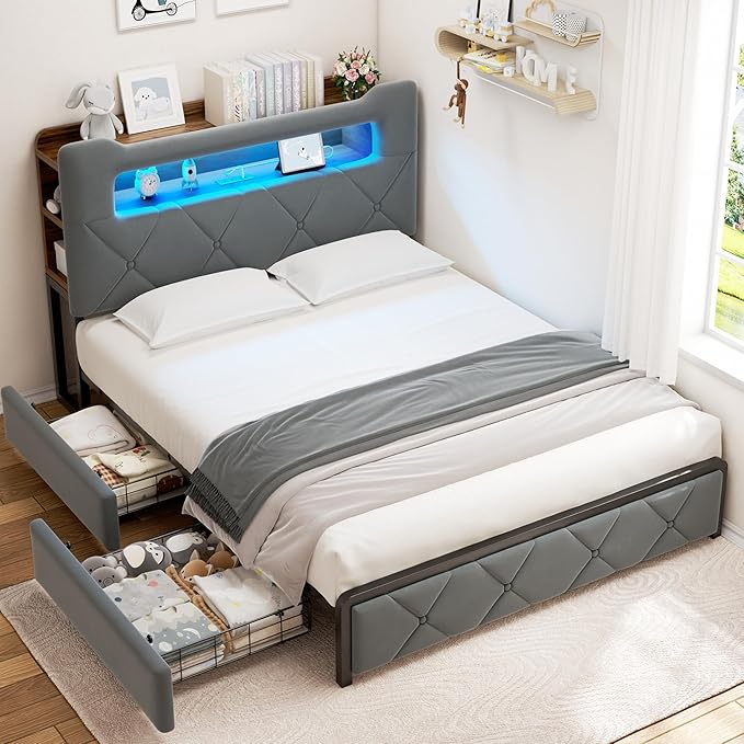 Jocoevol Queen Upholstered LED Bed Frame with 2 Storage Drawers and 2-Tier Storage Headboard, Velvet Platform Bed with Charging Station & Bookcase, Corner Bed Frame, Heavy Duty Metal Support, Grey