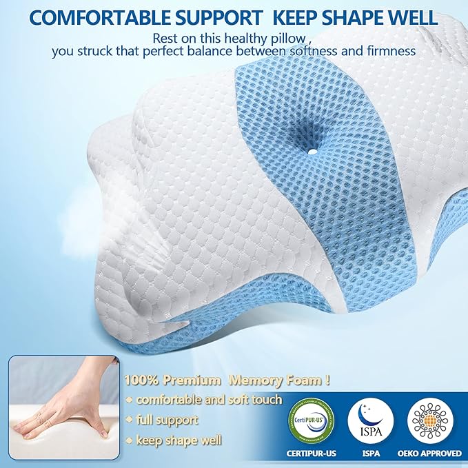 CHxxy Memory Foam Pillows, Cervical Pillow for Neck and Shoulder Pain Relief, Ergonomic Contour Bed Pillow, Soft for Side Sleep Stomach Sleeping and Back Sleeper-Queen Size & Light Blue