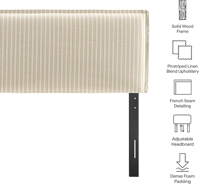 Modway Camille King Size Striped Linen Blend Pinstripe Headboard with Removable Slipcover – in Oatmeal Stripe - Padded Pillow Style Headboard with Adjustable Mounting for King Beds
