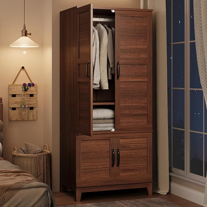 GarveeHome 72" Tall Armoire Wardrobe Closet with 4 Doors, Large Wooden Wardrobe Cabinet with Hanging Rod and Adjustable Shelves, Freestanding Clothing Storage Cabinet for Bedroom, Walnut Brown