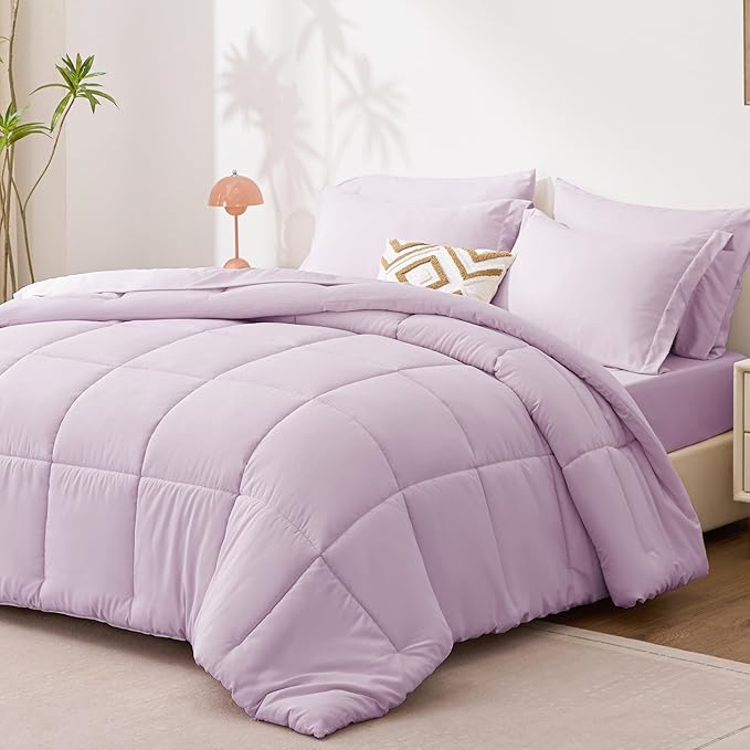 Love's cabin Full Comforter Set Light Purple, 7 Pieces Full Bed in a Bag, All Season Bedding Sets with 1 Comforter, 1 Flat Sheet, 1 Fitted Sheet, 2 Pillowcase and 2 Pillow Sham | Soft, Breathable, Lightweight, Comfortable