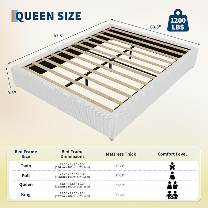 GarveeHome Queen Size Cloud Bed Frame，Corduroy Low Bed Frame Without Headboard, Thick Fabric Upholstered Platform Bed, Solid Wood Legs, No Box Spring Needed, Never Squeak, Easy Assembly, White