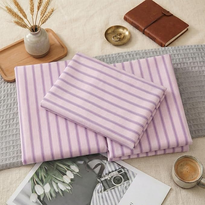Merryword 100% Cotton Pillow Cases, King Size Pillowcases, Pink & Purple Striped Pillowcases, Luxury Linen Like Pillowcase, Soft Breathable Engineered Stripes Pillow Covers, Set of 2