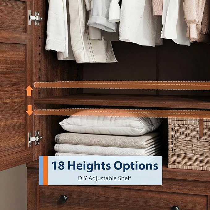 IDEALHOUSE Armoire Wardrobe Closet with 4 Doors, 72" Tall Wooden Clothing Wardrobe with Hanging Rod & DIY Adjustable Shelf, Heavy Duty Bedroom Armoire Storage Cabinet, Walnut
