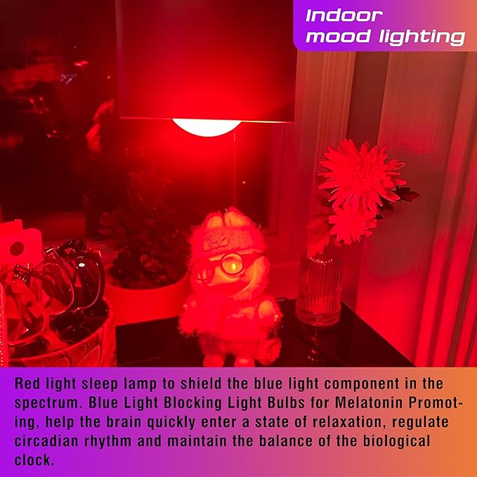 Amber and Red Light Bulbs 25-40W Equivalent, 1800k Amber Sleep Light Bulb, 625nm Red Night Light, 3W 300lm, E26 Base for Bedroom Healthy Sleep Porch Party Holiday Lighting, Non-Dimmable(1 Amber+1 Red)