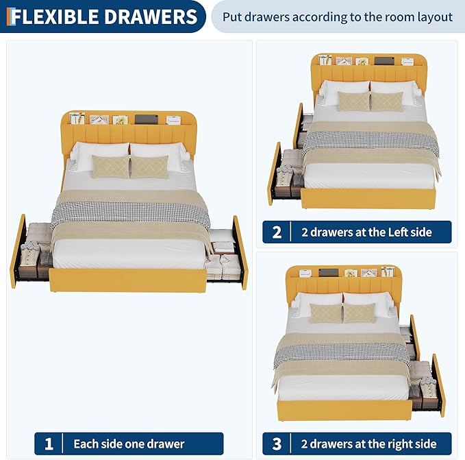 IDEALHOUSE Full Bed Frame with 2 Flexible Drawers and Bookcase Headboard, Boucle Upholstered Platform Bed for Boys, Noise-Free, Easy Assembly, No Box Spring Needed, Yellow