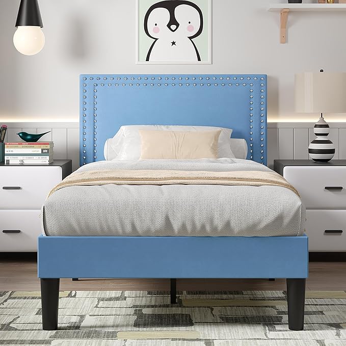 VECELO Twin Size Platform Bed Frame with Height Adjustable Upholstered Headboard, Modern Mattress Foundation,Strong Wood Slat Support, No Box Spring Needed, Easy Assembly, Light Blue