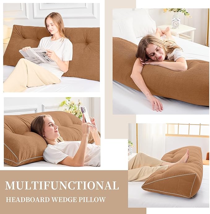 Sasttie Headboard Pillow King, Wedge Pillow Headboard for Sitting Up in Bed, Back-Rest Support Triangular Cushion for Reading - Features Removable Washable Cover, Caramel