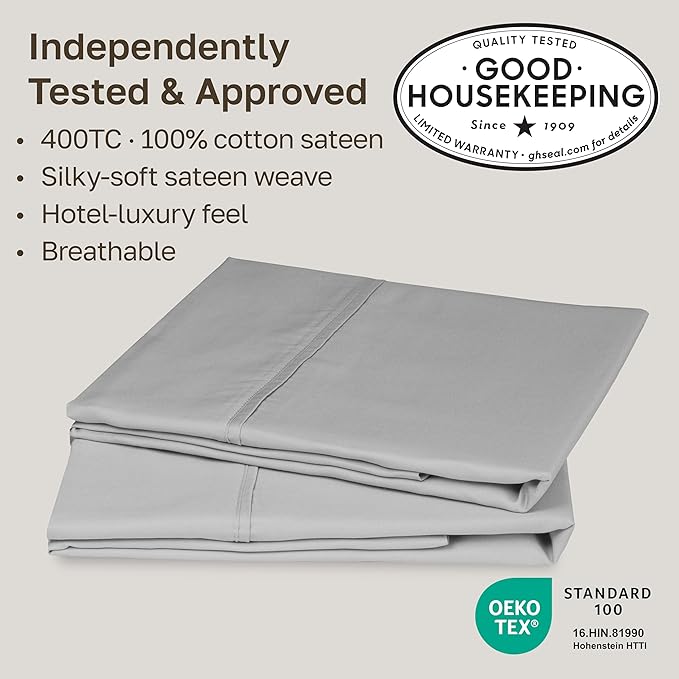 California Design Den Standard Queen Size Pillowcase Set - 400 Thread Count, 100% Cotton Sateen, Set of 2 Pillow Covers, Soft and Breathable - Light Grey