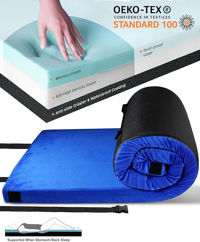 GAIALOOP 3 Inch Memory Foam Camping Mattress, Dual Layer Thick Sleeping Camp Pad for Car Tent Cot, Roll-Up Portable Glamping Floor Bed for Guests Sleepover