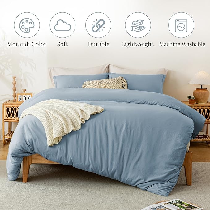 MILDLY Super Soft Duvet Cover 2pcs - 100% Washed Microfiber Haze Blue Twin/Twin XL Comforter Cover Set with Zipper Closure & Corner Ties (No Comforter)