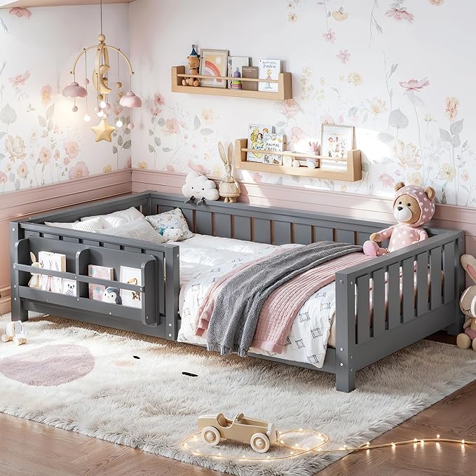 Bellemave Twin Size Kids Montessori Bed with Bookshelf,Solid Wood Twin Floor Bed Frame with Fence and Slats for Girls Boys,Low-Profile,Gray