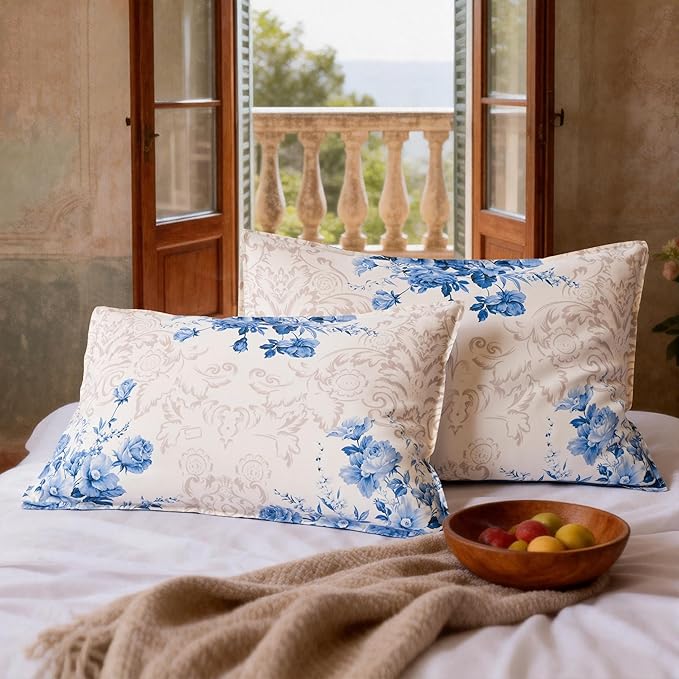 CHUFFED 100% French Linen Pillow Cases Porcelain Bloom Print, Farmhouse Floral Stone Washed Pillow Shams with Envelope Closure Soft Breathable Vintage Pillow Covers for Decor,20x30 inches
