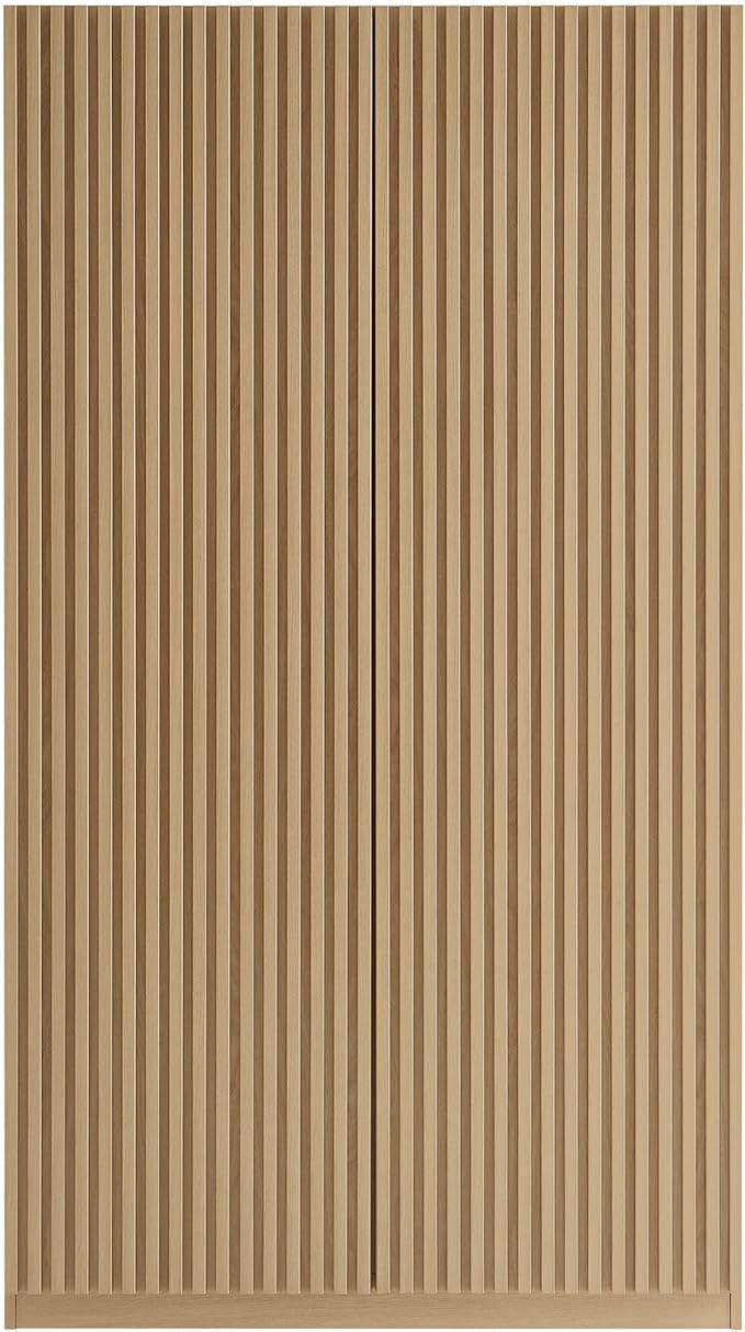 Modway Render Mid Century Modern Wardrobe Armoire Closet in Oak w/Vertical Slatted Doors - 71Inch Freestanding Closet w/Adjustable Shelves & Hanging Rods - Tall Bedroom Storage Cabinet