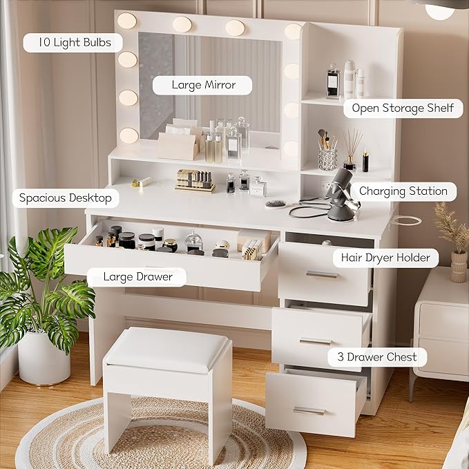 YESHOMY 39" Vanity Desk with Mirror & Lights, Makeup Vanity Table with Power Outlet & Storage Drawers, 3 Color LED Lighting, Dressing Table for Bedroom, Pure White