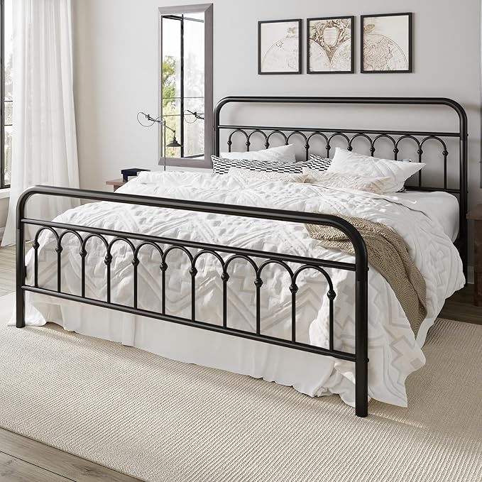 Allewie 14 Inches King Size Metal Platform Bed Frame with Victorian Style Curved Iron-Art Headboard/Footboard, Metal Slats Support, Easy Assembly, Under Bed Storage, No Box Spring Required, Black