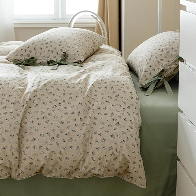VM VOUGEMARKET Duvet Cover Set Queen 100% Cotton 3 Pcs Girls Green Blossom Flower Comforter Cover with Zipper Closure,Cottagecore Style Duvet Cover + 2 Pillowcases with Bowknot-90x90 Inch