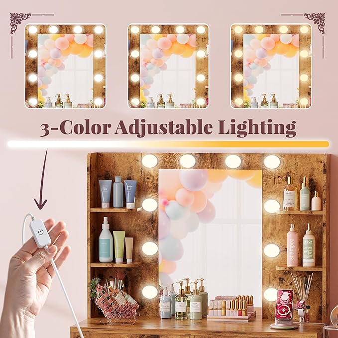 Furmax Vanity Desk with Mirror and LED Light Bulb, Small Makeup Vanity Table with Drawers, Dressing Table with Power Outlet and Hair Drayer Holder for Bedroom (Rustic Brown & Black)