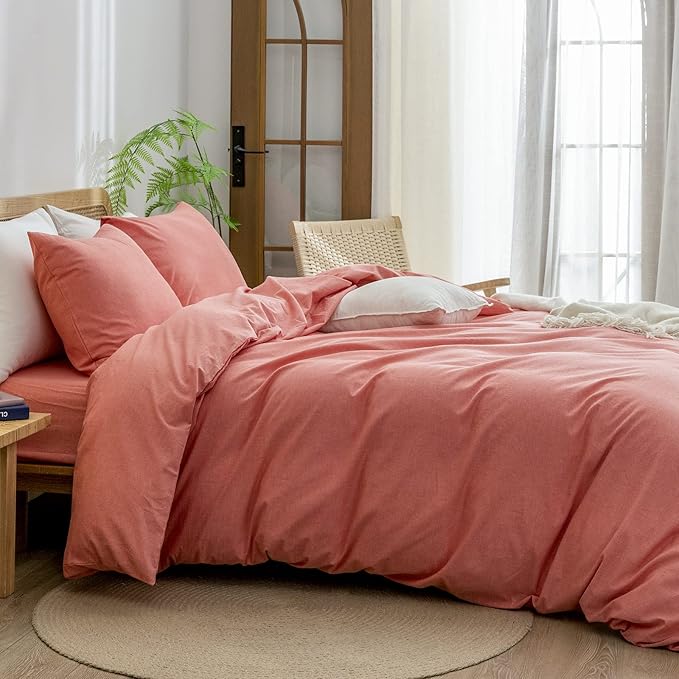 BESTOUCH Duvet Cover Set 100% Washed Cotton Linen Feel Super Soft Comfortable Chic Lightweight 3 PCs Home Bedding Set Solid Orange Queen
