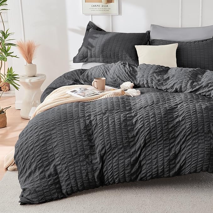 HYMOKEGE Dark Grey/Light Grey Duvet Cover Full Size, Ultra Soft 3-Piece Seersucker Duvet Cover Set with Zipper Closure, Soft Brushed Microfiber Bedding Set with 8 Corner Ties (80"x90", 2 Pillowshams)