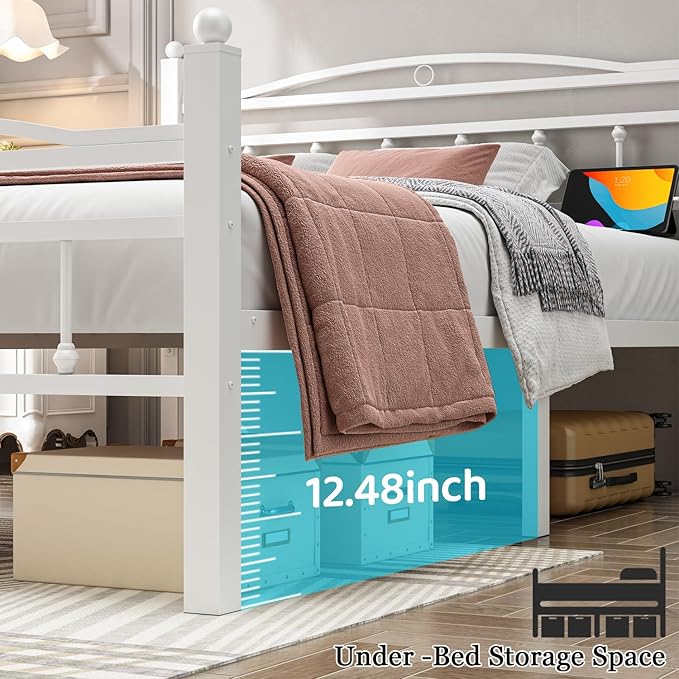 Jenmit Full Size Bed Frame with Headboard, Metal Platform Bed Frame with Charging Station & LED Lights, Storage Space Under Bed, No Box Spring Needed, Noise Free, Easy Assembly, White