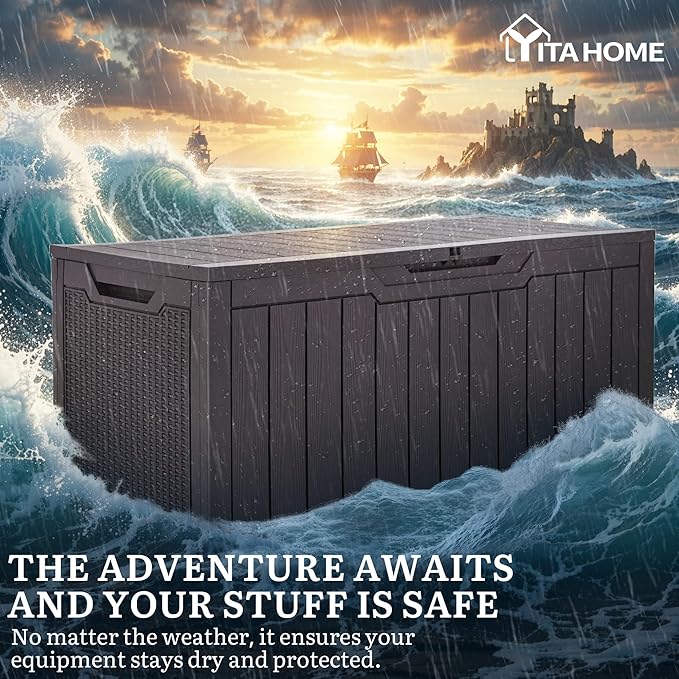 YITAHOME 100 Gallon Large Outdoor Deck Box, Waterproof Resin Storage Box, Lockable Indoor Outdoor Storage Container for Patio Furniture Cushions, Pool Accessories, Garden Tools, Dark Brown