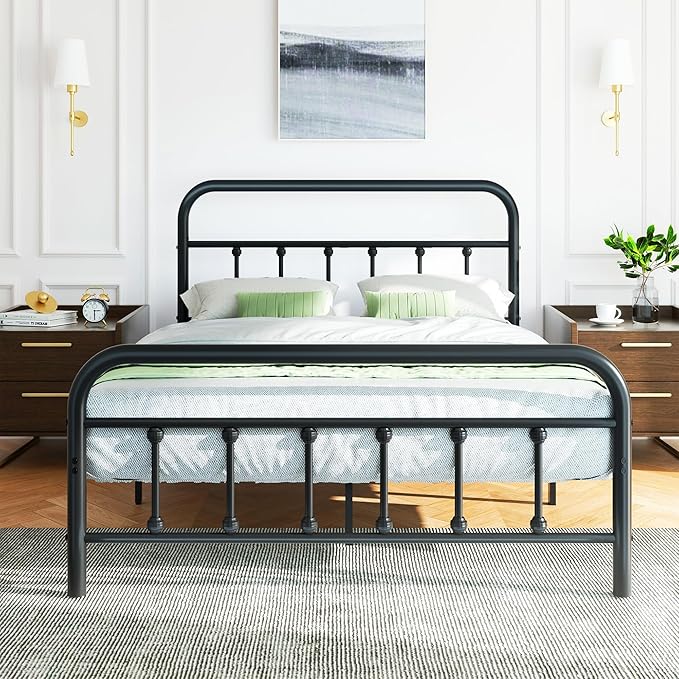 Shintenchi Full Size Metal Platform Bed Frame with Headboard & Footboard, Steel Slat Mattress Foundation, Under Bed Storage, Noise-Free, No Box Spring Needed, Black Round