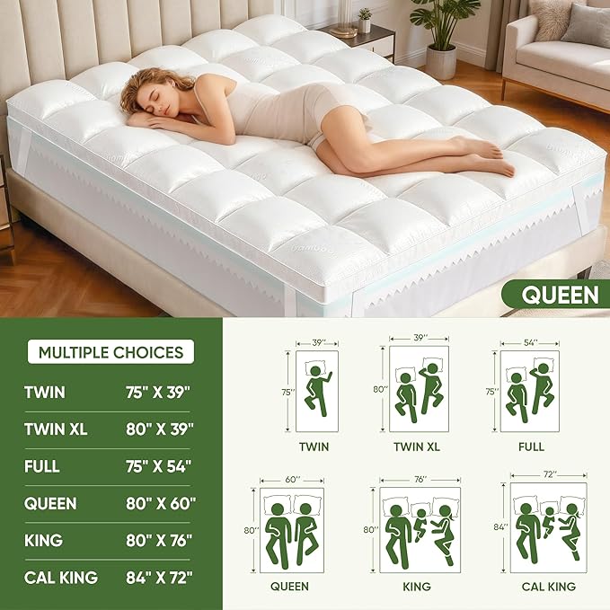 Extra Thick Memory Foam Mattress Topper Queen-5" Dual Layer with 2.5" Gel Foam Mattress Pad and 2.5" 1500GSM Cooling Bamboo Pillow Top - 2X Soft and Supportive for Back Pain Relief,80 * 60 * 5in