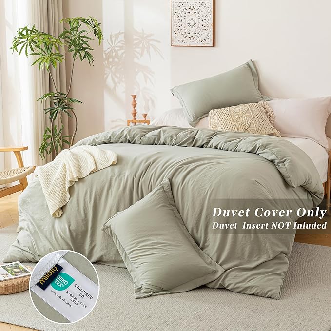 MILDLY Super Soft Duvet Cover - 100% Washed Microfiber October Mist Sage Comforter Cover Set 3 Pieces with Zipper Closure & Corner Ties (No Comforter)