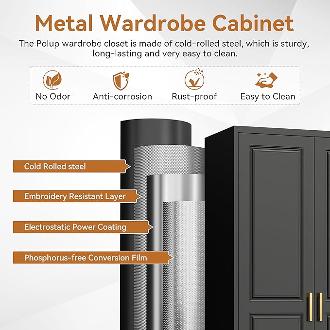 Polup Metal Armoire Wardrobe Closet, 71" Tall Wardrobe Cabinet with 2 Doors, Hanging Rod and Adjustable Shelves, Steel Clothing Storage Cabinet for Bedroom, Home, Gym, Office, Employee, Black
