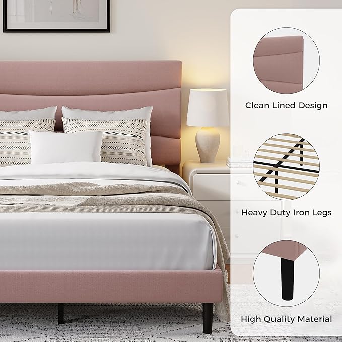 GarveeHome Full Modern Upholstered Bed Frame with Soft Padded Headboard,Sturdy Metal Steel Slat Support, Noise-Free Quiet Design,Easy Assembly,Heavy Duty Stable Bed Frame(Pink)