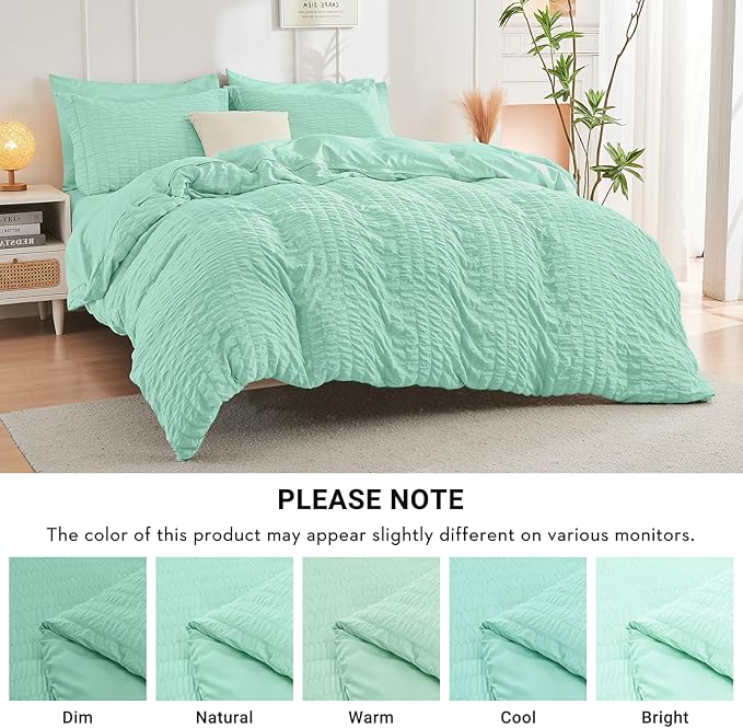 HYMOKEGE Mint Green Queen Comforter Set Seersucker 7 Pieces, All Season Luxury Bed in a Bag Queen for Bedroom, Bedding Set with Comforter, Sheets, Pillowcases & Shams