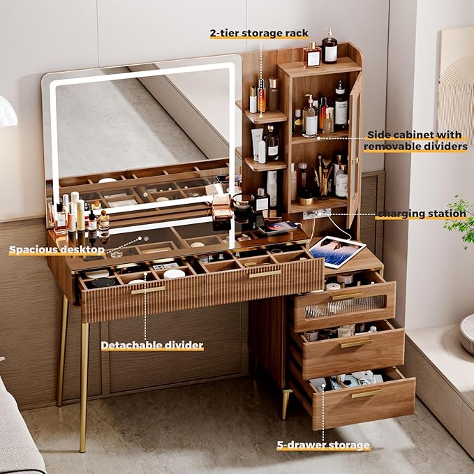 Arulvmrn Vanity Desk with 29.53" HD Lighted Mirror, 47.24" Big Modern Vanity Desk with Mirror and Lights, Makeup Vanity with 5 Drawers and Storage Shelves and Charging Station,Brown