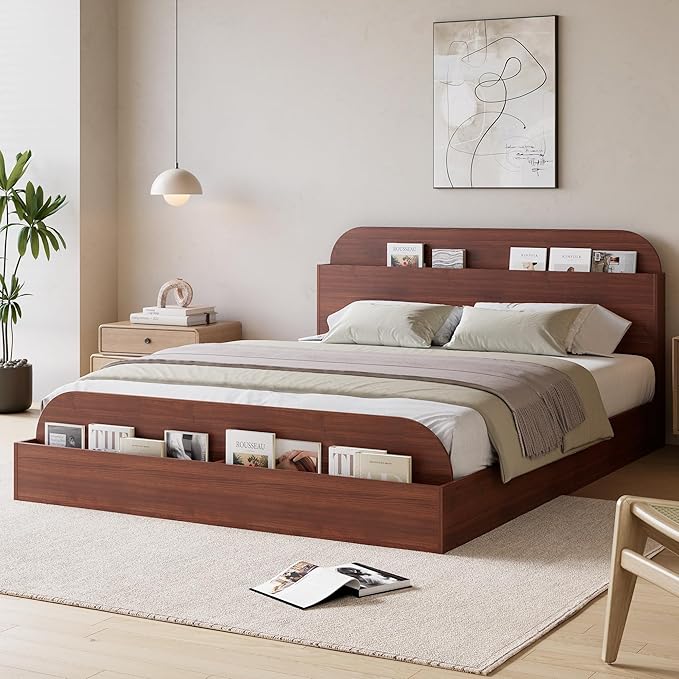 Garvee Full Size Bed Frame with Storage Headboard and Raised Footboard – Wooden Full-Floor Low Platform Bed for Bedroom, Heavy Duty & Noise Free, No Box Spring Needed, Red Peach Wood