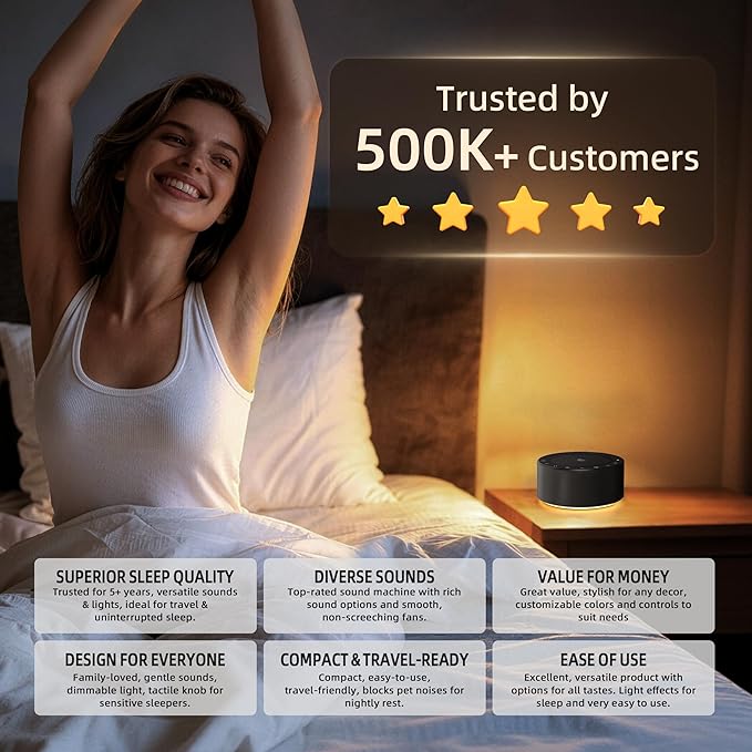Kipcush White Noise Machine - Soft Non-Glare Nursery Lamp, 30 Soothing Sounds, 8 Color Lights, Max 8-Hour Timer for Baby & Adults (Black, Standard)