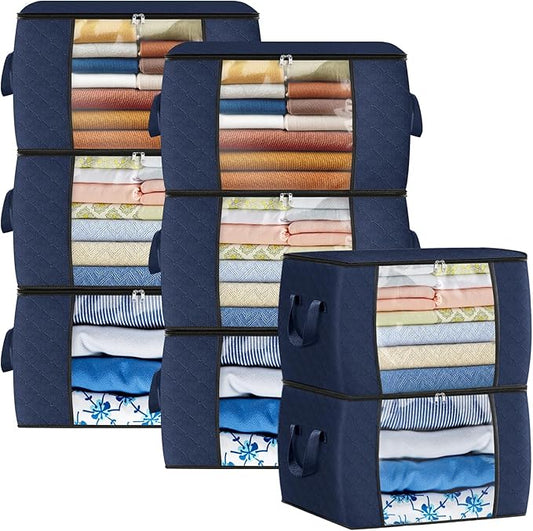 Fab totes 24 Gallons Clothes Storage, Foldable Thick Fabric Blanket Storage Bags,Containers for Organizing Bedroom, Closet, Clothing, Comforter,Organization with Handle (8 Pack,Blue)