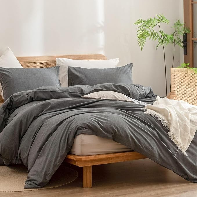 BESTOUCH Duvet Cover Set 100% Washed Cotton Linen Feel Super Soft Comfortable Chic Lightweight 3 PCs Home Bedding Set Solid Dark Grey Alaska King