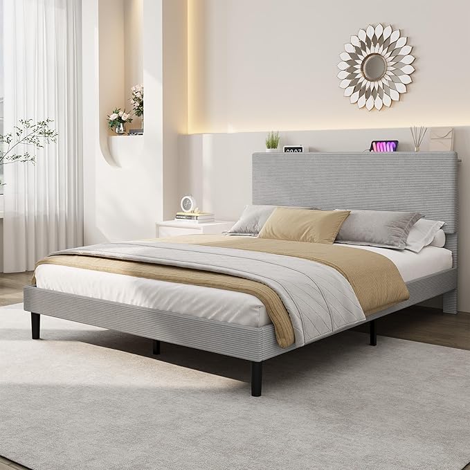 IDEALHOUSE Full Size Bed Frame, Platform Bed with Adjustable Corduroy Upholstered Storage Headboard and Charging Station, Sturdy Metal Support, Noise Free, Easy Assembly, Gray