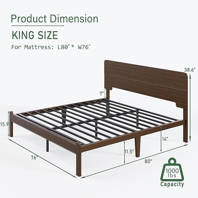 BOSRII 14in High Solid Bamboo Wood Platform King Size Bed Frame with Headboard, Reinforced Heavy Duty Metal Slats, Noise Free, No Box Spring Needed, Easy Assembly, Walnut