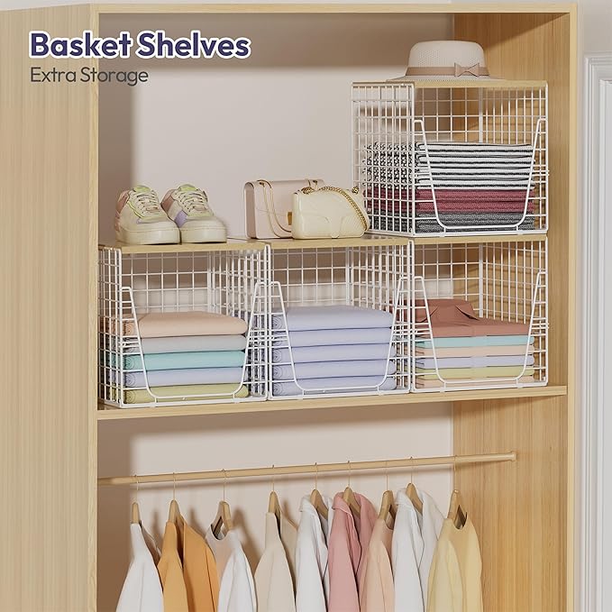 SWTYMIKI 2PCS Closet Organizers and Storage - Stackable Closet Basket with Wood Top Shelf, Clothes Storage Shelves, Clothes Drawer Bins for Wardrobe, Bedroom, Entryway, White