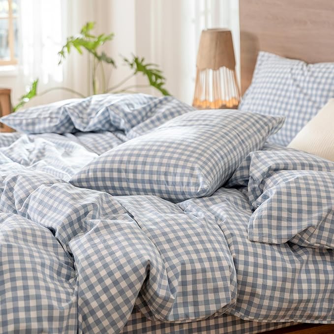 MooMee Gingham Duvet Cover Set 100% Washed Cotton Linen Like Textured Breathable Durable Soft Comfy Modern Checkered Design (Classic Gingham Cornflower Blue, Oversized Full 82"x86")